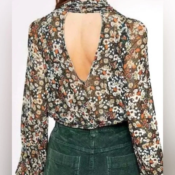 Free People All Dolled Up Floral Green Sheer High Neck Long Sleeve Mesh size L - Picture 1 of 10